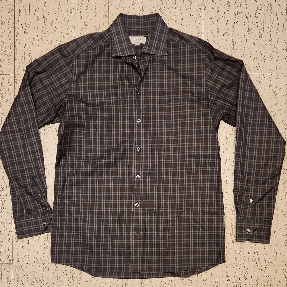Eton Contemporary Black & Grey Plaid Button Down Long Sleeve Casual Dress Shirt